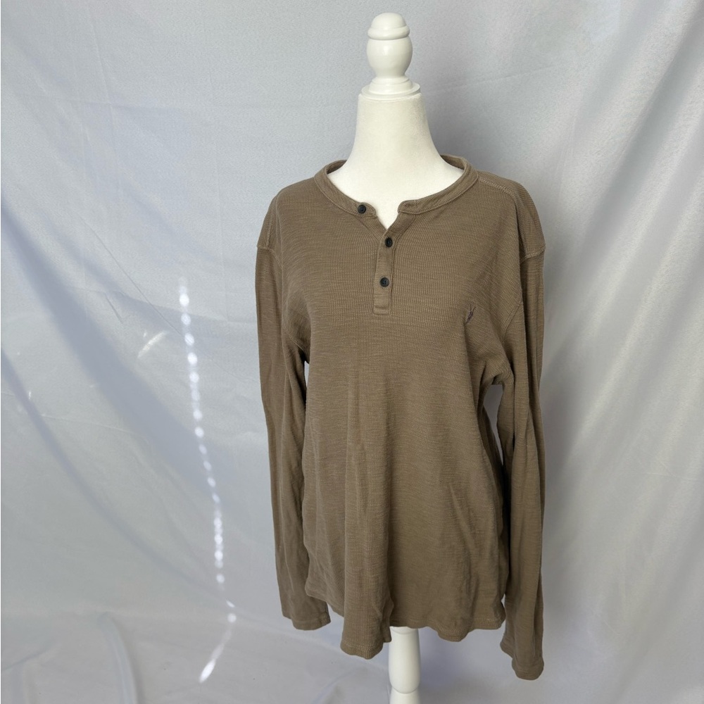 AllSaints Men's Long-Sleeve Henley Shirt in Olive Brown